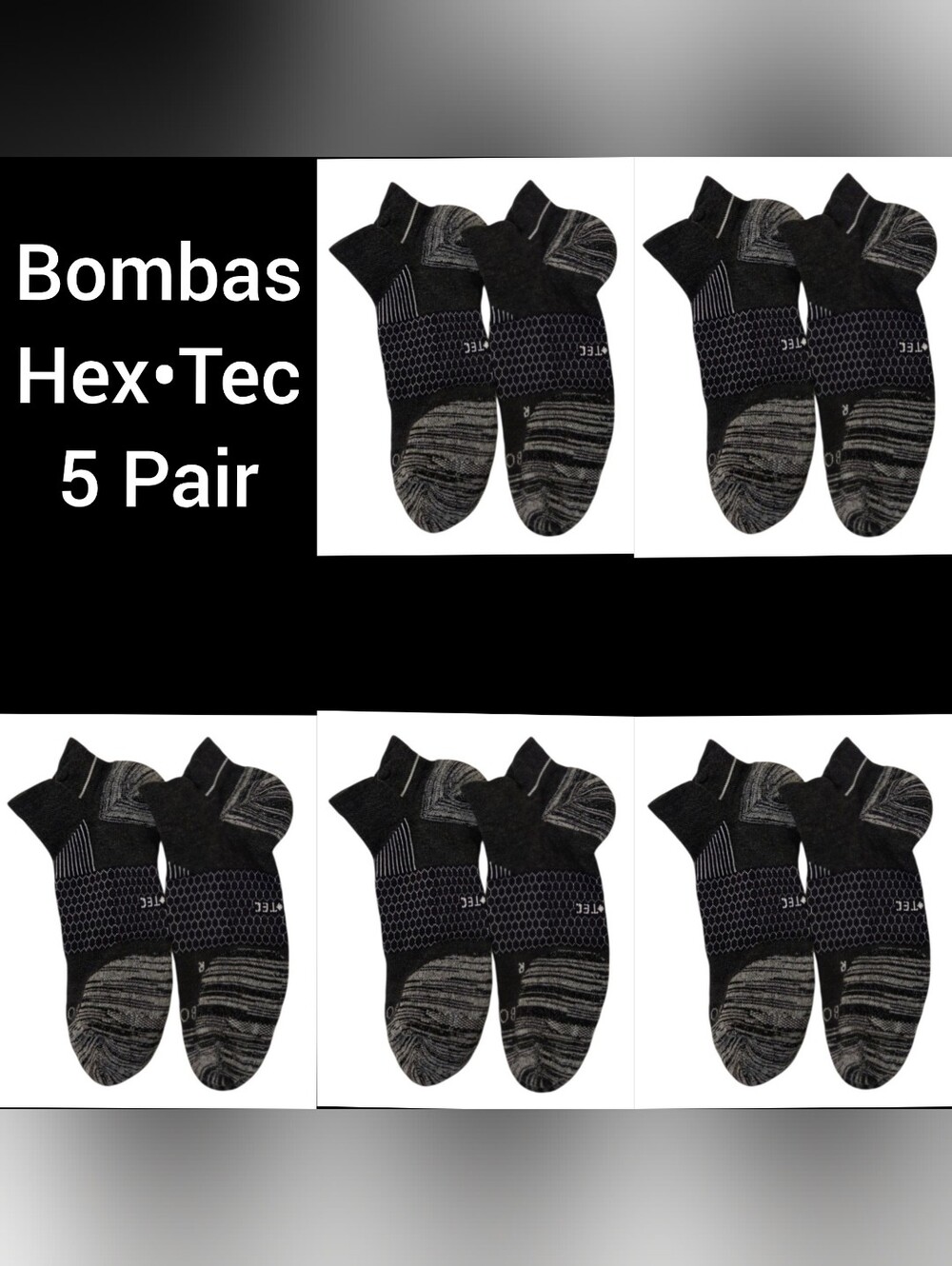 Bombas Ankle Socks 5 Pair BNWOT Mens Hex•Tec XL Gray/Black/White